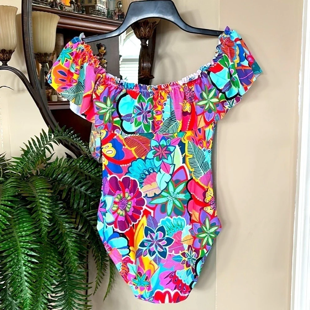 NWT Bleu Rod Beattie Colorful Floral Off The Shoulder Ruffle One-Piece Swimsuit